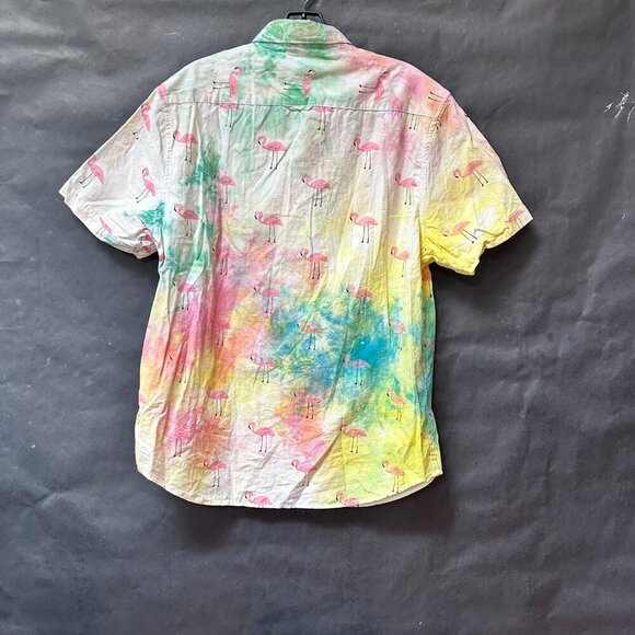 Denim & Flower NWT Tie Dyed Pink Flamingos Cotton Aloha Shirt Size Large Hawaii - Picture 2 of 8